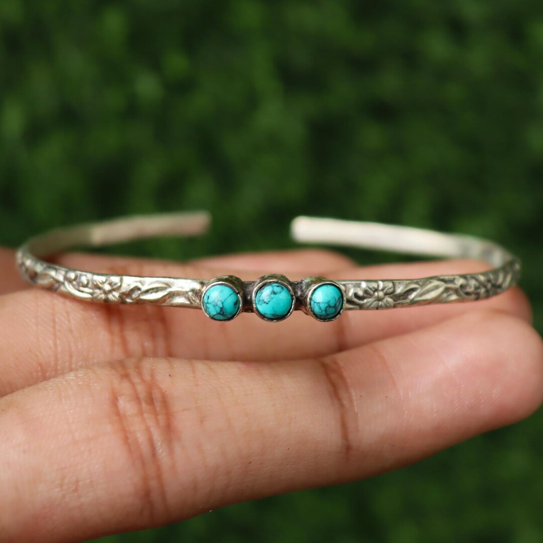 ブルーターコイズバングル：925スターリングシルバーオープンカフ