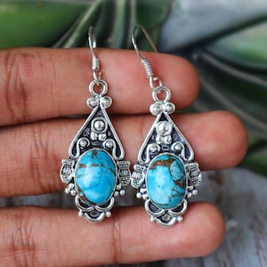 Blue Copper Turquoise Earrings, Oval Shape Gemstone, 925 Sterling Silver, Designer Earrings, Fashions For Women, Dangle Drop Silver Earrings