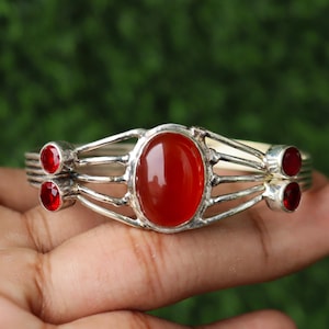 Handmade Carnelian Bangle: 925 Sterling Silver Open Cuff, Boho Jewelry