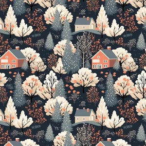 May include: A repeating pattern featuring illustrations of houses, trees, and foliage in a winter landscape. The colour palette includes shades of navy, white, peach, and grey, creating a serene and seasonal design.