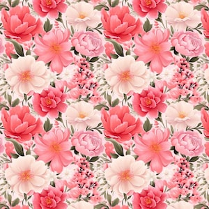 May include: A repeating pattern of pink and white flowers, such as peonies and smaller blooms, on a pale pink backdrop. The flowers feature orange centres and green leaves, forming a floral design.