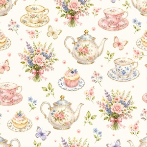 May include: A repeating pattern featuring watercolour illustrations of floral bouquets with pink ribbons, porcelain teapots, teacups on saucers, cupcakes, and butterflies in soft pastel colours against a cream-coloured background.