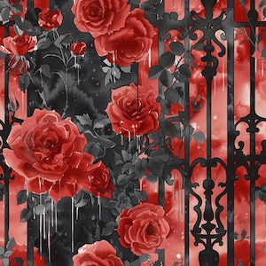 Puede incluir: Un patrón continuo que presenta rosas rojas vibrantes y follaje verde oscuro entrelazados con una reja de hierro forjado negro. El diseño incorpora goteos y salpicaduras estilo acuarela en rojo y negro, creando un efecto visual texturizado.