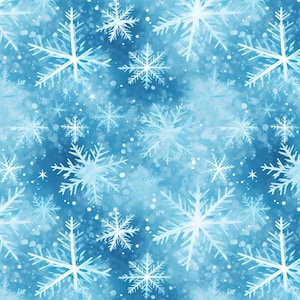 May include: A seamless pattern featuring white snowflakes of varying sizes against a light and dark blue watercolor background. The design includes small white dots, creating a wintery, snowy effect. The snowflakes have intricate, detailed designs.