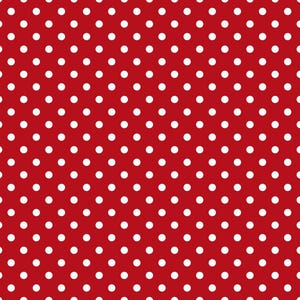 Peut inclure: Un motif répétitif composé de petits cercles blancs pleins, régulièrement espacés sur un fond rouge uni et vif. Le design présente un motif classique à pois disposé en grille uniforme, créant une texture visuelle cohérente et symétrique.