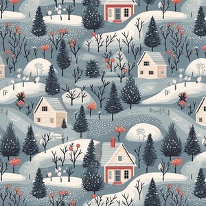 Könnte beinhalten: Ein sich wiederholendes Muster mit einer Winterlandschaft mit kleinen Häusern, schneebedeckten Hügeln und immergrünen Bäumen. Die Häuser haben rote oder weiße Dächer und sind von kahlen Bäumen mit roten Beeren umgeben. Die Farbpalette umfasst Blau-, Weiß- und Rottöne.