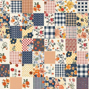 May include: A patchwork fabric design featuring a grid of alternating squares. The pattern includes various floral illustrations in orange, red, and blue, alongside checkered, gingham, and small geometric prints in navy, white, and yellow tones.