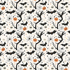 Könnte beinhalten: Ein sich wiederholendes Muster mit Halloween-Motiven. Es zeigt orangefarbene Kürbisse, schwarze Fledermäuse, kahle Bäume, Spinnweben, weiße Geister und kleine schwarze Sterne auf cremefarbenem Hintergrund.