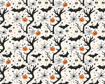 Tela de estilo peculiar con estampado de fantasmas en ramas para Halloween - 100% algodón puro - Se vende por medio metro
