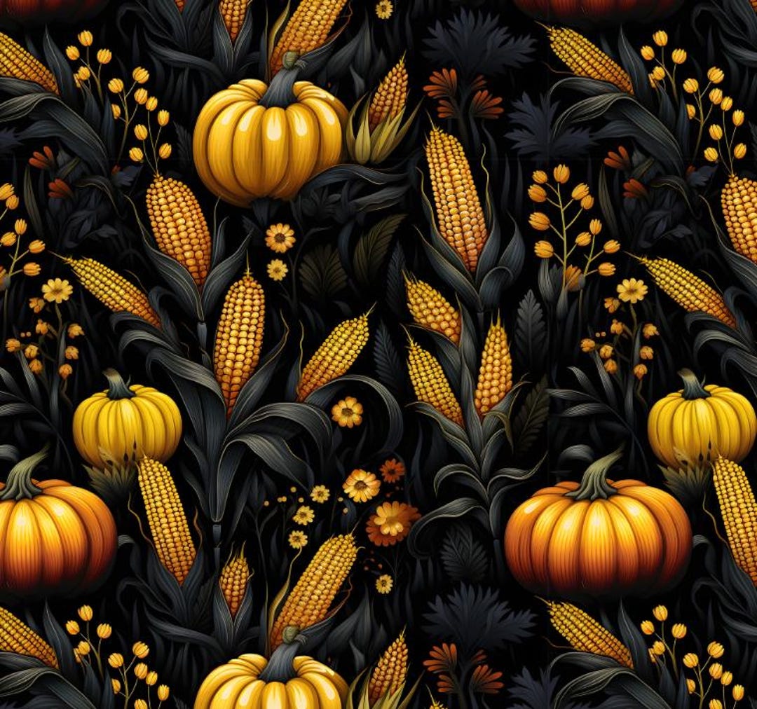 Autumn Harvest Pumpkins and Corn Pattern - 100% Pure Cotton Fabric ...