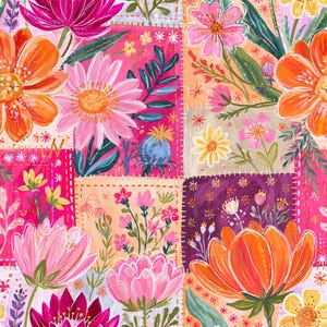 May include: A vibrant patchwork pattern featuring hand-painted floral illustrations in shades of magenta, orange, pink, and yellow. The design consists of square sections separated by dashed white lines, showcasing various blossoms, leaves, and stems.
