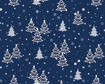 May include: A seamless pattern featuring white Christmas trees and small white circles on a dark blue background. The trees have a detailed outline and are evenly spaced, creating a festive holiday design.