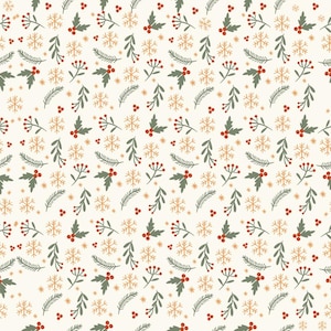 Puede incluir: Un patrón repetitivo sobre un fondo crema que presenta ilustraciones de ramas de pino verdes, ramitas de bayas rojas y copos de nieve de color naranja claro. El diseño se compone de pequeños elementos botánicos y de invierno.
