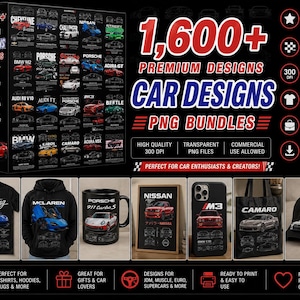 Puede incluir: Una colección digital de más de 1.600 diseños de coches premium en formato PNG, con varios modelos de vehículos. El paquete incluye archivos transparentes de alta calidad a 300 DPI para sublimación, mostrados en artículos como camisetas, sudaderas, tazas, pósteres, fundas de móvil, bolsas y gorras.