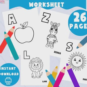 May include: A 26-page alphabet coloring worksheet set featuring black and white line art of an apple, zebra, lion, and sun with corresponding letters and labels. The design includes colorful pencil illustrations and text reading WORKSHEET.