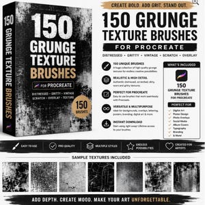 Pode incluir: Uma exibição de produto digital para 150 pincéis de textura grunge para Procreate. O gráfico apresenta uma caixa desgastada em preto e branco, uma lista de recursos e oito texturas de amostra mostrando vários padrões de riscos.