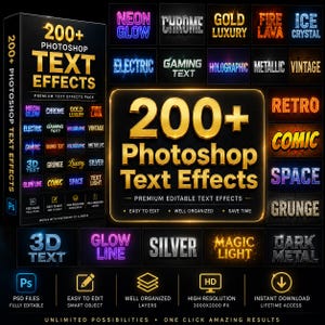 Op de afbeelding: Een digitaal productpakket getiteld 200+ Photoshop Text Effects met een verzameling grafische ontwerpstijlen, waaronder neon, chroom, goud, vuur, ijs, elektrisch, gaming, holografisch, metallic, vintage, retro, strip, ruimte en grunge.