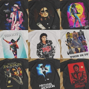 Op de afbeelding: Een collectie van negen t-shirts met diverse grafische prints van Michael Jackson. De ontwerpen bevatten iconische beelden uit zijn muziekcarrière, zoals de Thriller, Bad en This Is It tijdperken, weergegeven in zwart-wit en kleur.