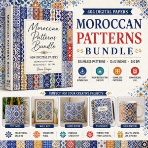 May include: A digital product bundle featuring 404 seamless Moroccan patterns in 12x12 inch format at 300 DPI. The display shows a collection of blue, orange, and white tile-inspired designs applied to a tote bag, wall art, pillow, notebook, and mug.