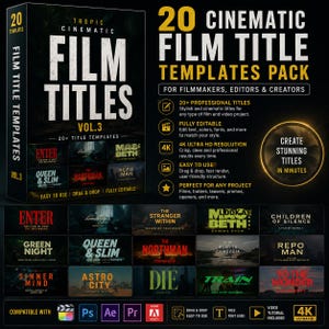 以下が含まれることがあります： 20種類の映画タイトルテンプレートパックVol.3のデジタル製品ボックス。黒いパッケージに白い文字が記載されています。ディスプレイには、様々な映画タイトルの例、技術仕様、4K解像度でのソフトウェア互換性アイコンが表示されています。
