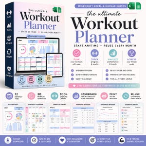 May include: The Ultimate Workout Planner for Microsoft Excel and Google Sheets features a digital dashboard, monthly calendar, weekly planner, workout tracker, progress tracker, and exercise library with a light blue, pink, and white color scheme.