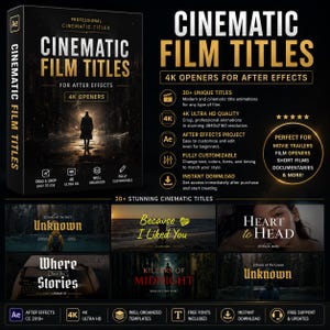 May include: A digital product box for Cinematic Film Titles for After Effects, featuring a dark, moody scene of a person walking down a street. The graphic includes text detailing 4K resolution, 30+ unique titles, and customizable templates.