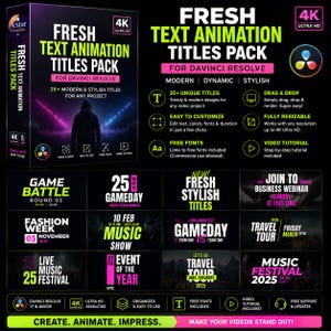 Puede incluir: Una caja de producto digital para Fresh Text Animation Titles Pack para DaVinci Resolve, que incluye más de 25 títulos únicos y redimensionables. El empaque negro muestra texto en verde neón y rosa, una silueta y varios iconos para arrastrar y soltar, personalización sencilla y fuentes gratuitas.
