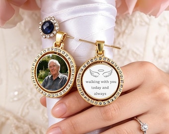 Personalize Wedding Photo Brooch Charm,Custom Memorial Photo Pin,Blue Gem Lapel Pin,Bridal Bouquet Charm,In memory of loved ones pin