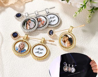 Personalize Wedding Photo Brooch Charm,Custom Memorial Photo Pin,Blue Gem Lapel Pin,Bridal Bouquet Charm,In memory of loved ones pin