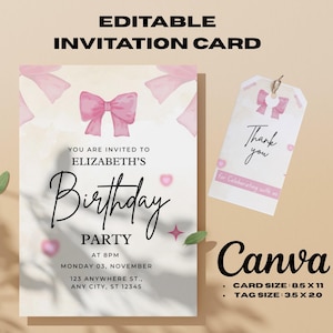 Editable Coquette Pink Bow Birthday Invitation, Pink Bow Birthday Invitation, Ribbon Birthday Invitation, Coquette Birthday Girl Invite