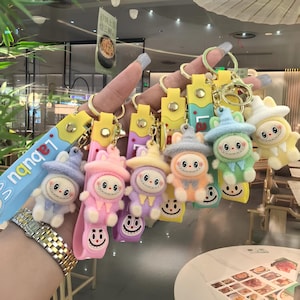 LABUBU Silicone Flocking Keychain | Cartoon Doll Pendant for Backpack or Car | Handmade Decorative Accessory | Cute Small Gift Supplies