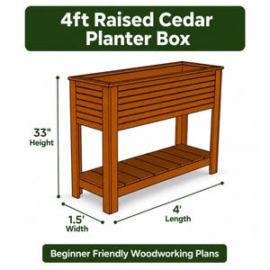 May include: A brown cedar raised planter box with a slatted design, featuring a lower shelf and four legs. The text 4ft Raised Cedar Planter Box is at the top. Dimensions shown are 33 inches in height, 4 feet in length, and 1.5 feet in width.