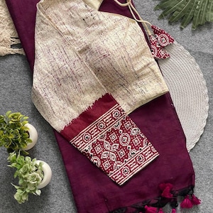 Women Fashion presenting a Khadi Cotton saree With Ajrakh Cotton Beautiful Long Sleeve Blouse, Party Wear Saree With Stitched Blouse.