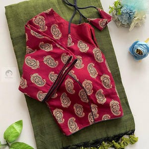 Women Fashion presenting a Khadi Cotton saree With Ajrakh Print Beautiful Embroidery Work Blouse, Party Wear Saree With Stitched Blouse.