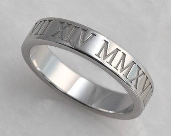Personalized 10K Solid Gold Roman Numeral Ring , 4mm wide, White or Yellow or Rose Gold