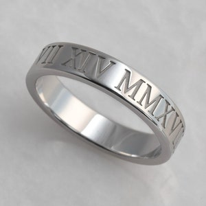 Personalized Roman Numeral Ring , 4mm wide, Rhodium Plated Sterling Silver