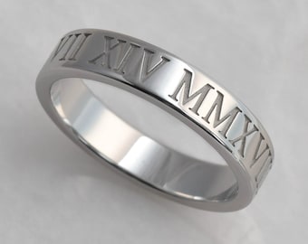 Personalized Roman Numeral Ring in Rhodium Plated Sterling Silver, 4mm wide