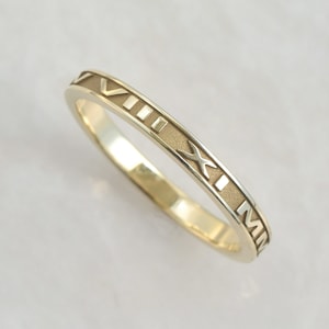 Custom Roman Numeral, 14K Solid Yellow Gold Ring, Stackable 2mm Wide