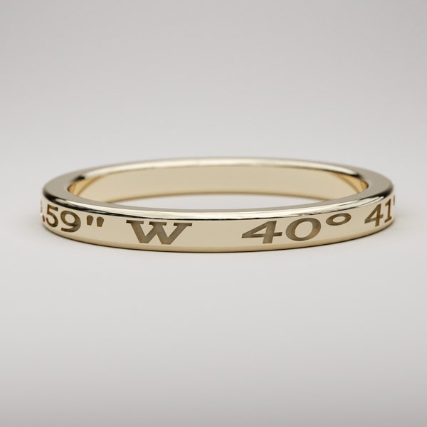 10K or 14K gold 2mm wide, Custom Coordinates Ring, Personalized Latitude - Longitude, Solid White or Yellow Gold or Rose Gold