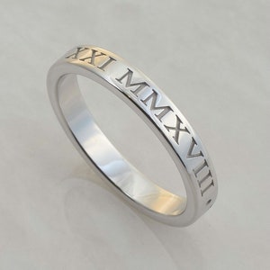 Custom Roman Numeral Band in Sterling Silver with Tarnish Resistant Rhodium Plating, Wedding Anniversary Ring