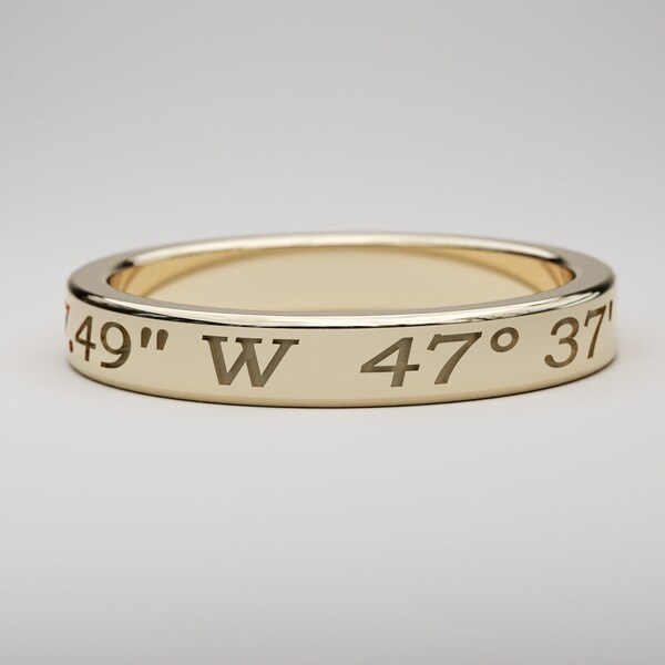 14K gold Custom Coordinates Ring, Personalized Latitude - Longitude, 3mm wide ring in solid 14K White or 14K Yellow Gold