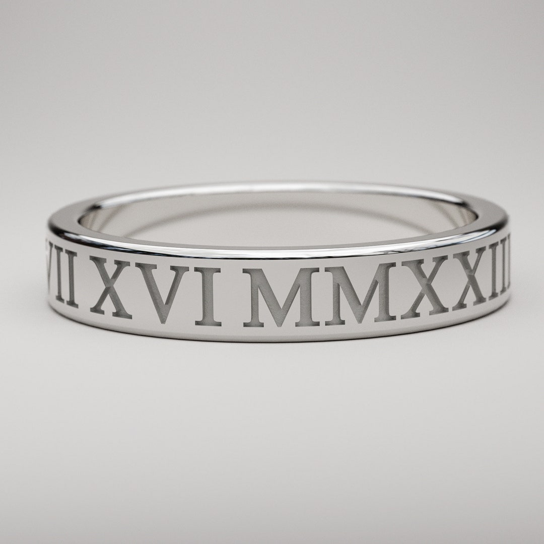 Personalized 10K Solid Gold Roman Numeral Ring , 4mm Wide, White or ...
