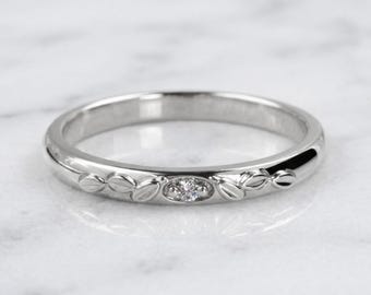 Diamond Leaf Band, 14k Gold Stacking Ring