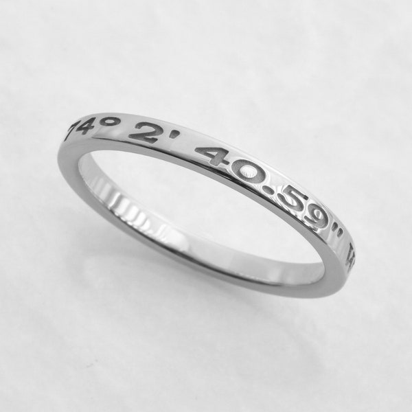 Skinny Personalized Coordinates Ring, Latitude and Longitude Coordinates in 10K or 14K Solid White or Yellow Gold or Rose Gold