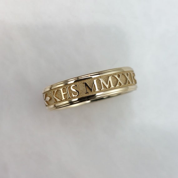 10K Gold Custom Roman Numeral Class Ring Solid Yellow Gold or White Gold Stackable 5mm Wide Ring Etsy