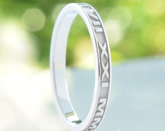 14K Solid White Gold, Custom Roman Numeral Ring, Stackable 2mm Wide
