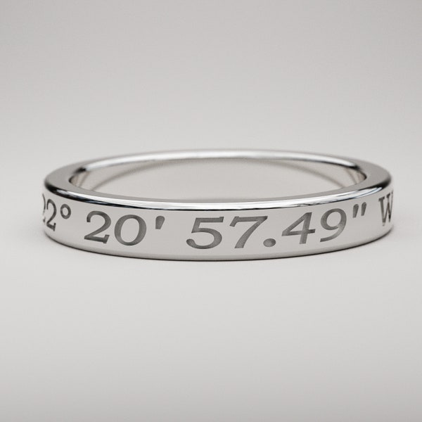 Custom Coordinates Ring, Personalized Latitude - Longitude, 3mm wide in solid 10K White or Yellow Gold