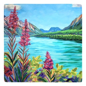 Alaska Art Metal Magnet 2x2"Fireweed On Kenai Lake Glacier Lake With Mountains