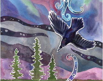 Alaska Art Print Aurora Raven - Alaska Wall Art By Amanda Faith Thompson - 8x8, 10x10, 12x12, 16x16 Image