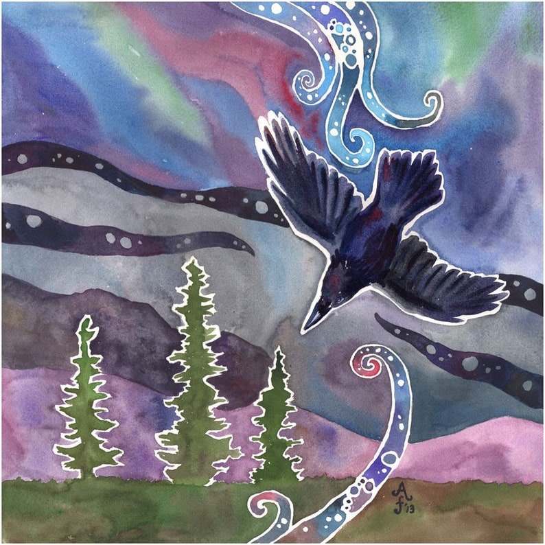 Alaska Art Print Aurora Raven Alaska Wall Art By Amanda Faith Thompson 8x8, 10x10, 12x12, 16x16 Image image 1